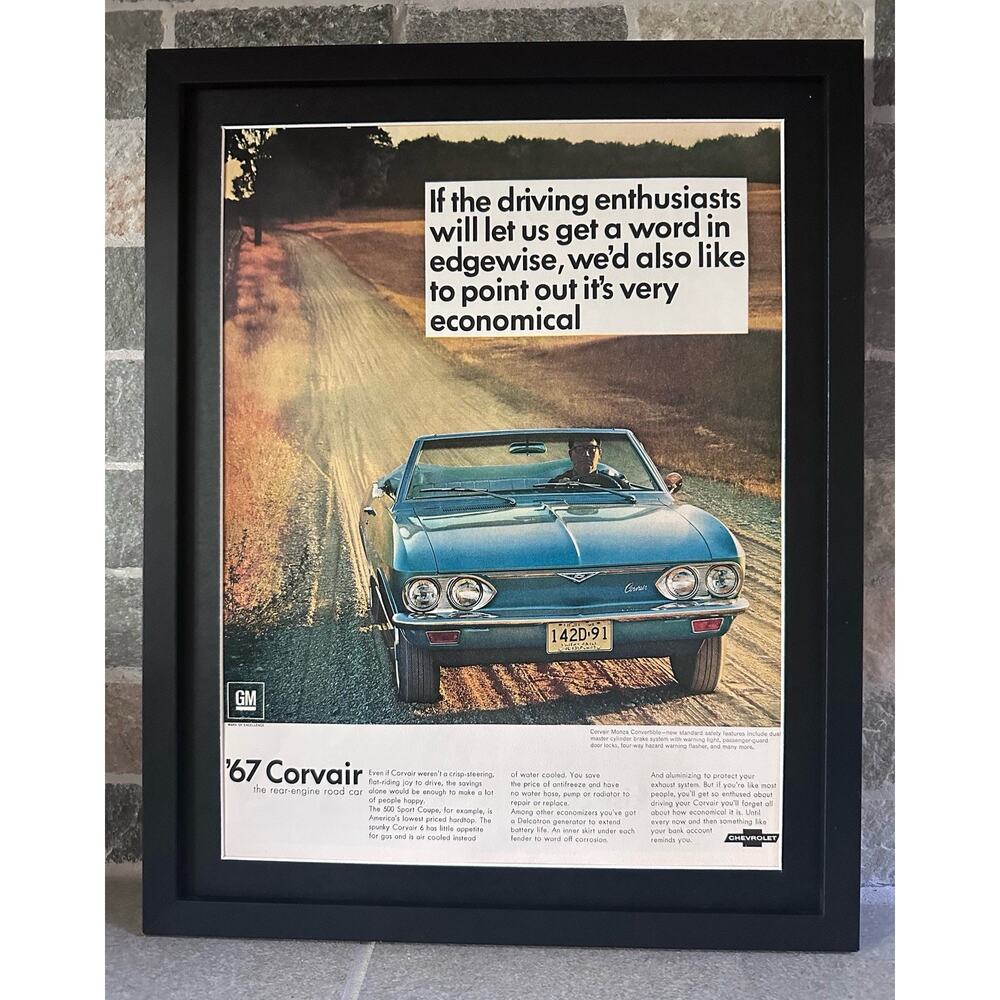 Framed Blue Corvair Monza Convertible 1967 Vintage Print Ad